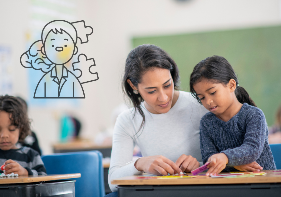 A young child and her teacher look at something on a desk together